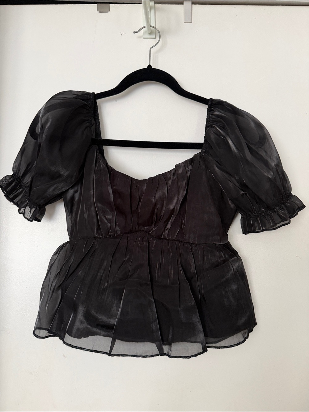Sheer Puff-Sleeve Peplum Blouse - Black